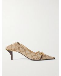 Gucci - Vittoria Collapsible-Heel Horsebit-Embellished Leather-Trimmed Canvas-Jacquard Pumps - Lyst