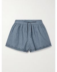 Ulla Johnson - Elowen Belted Tulle-Trimmed Embroidered Cotton-Chambray Shorts - Lyst