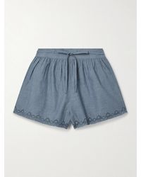 Ulla Johnson - Elowen Belted Tulle-Trimmed Embroidered Cotton-Chambray Shorts - Lyst