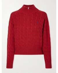 Polo Ralph Lauren - Embroidered Cable-Knit Cotton Half-Zip Sweater - Lyst