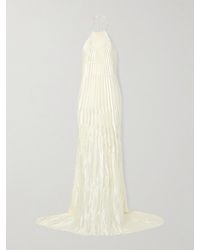 Danielle Frankel - Sinclair Embellished Wool And Silk-Blend Plissé-Mikado Halterneck Gown - Lyst