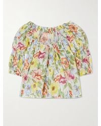 Doen - Inez Gathered Floral-Print Organic Cotton-Voile Blouse - Lyst