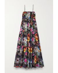 Adam Lippes Belted Tiered Floral-print Cotton And Silk-blend Voile Maxi Dress - Black
