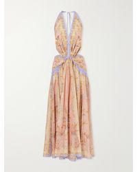 Zimmermann - Indra Plunge Printed Metallic Cotton And Silk-Blend Halterneck Maxi Dress - Lyst