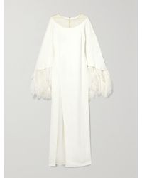 Monique Lhuillier - Feather And Tulle-Trimmed Silk-Crepe Gown - Lyst