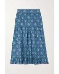 BATSHEVA Lane Embroidered Floral-print Cotton-poplin Maxi Dress in Blue Womens Clothing Skirts Maxi skirts 
