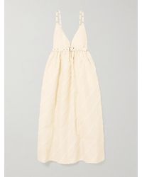 Ganni - Belted Eyelet-Embellished Striped Taffeta Midi Dress - Lyst