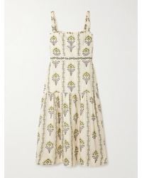 Agua Bendita - Nispero Midikleid Aus Bedrucktem Leinen Mit Stickereien - Lyst