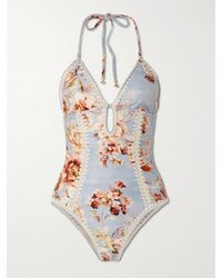 Zimmermann - Awaken Crochet-Trimmed Floral-Print Halterneck Swimsuit - Lyst