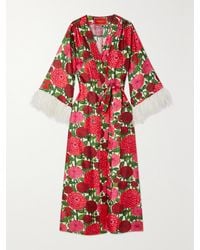La DoubleJ - Robe Longue En Serge De Soie À Imprimé Fleuri, Plumes Et Ceinture Boudoir - Lyst