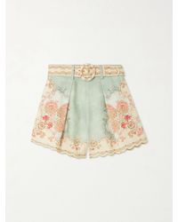 Zimmermann - Daylight Belted Scalloped Pleated Printed Linen Shorts - Lyst