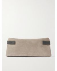 Brunello Cucinelli - Bead-Embellished Leather-Trimmed Suede Clutch - Lyst