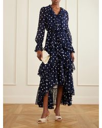 self portrait blue chiffon tiered midi dress Self Portrait NWT Floral Tiered Chiffon Midi Dress Blue Women's 8 Cut Out