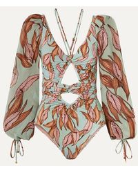 PATBO Bedruckter Badeanzug Mit Cut-outs Und Chiffonbesätzen - Blau