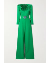 Andrew Gn Belted Embellished Gathered Satin And Crepe Jumpsuit - Green