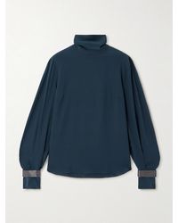 Brunello Cucinelli - Bead-Embellished Silk Crepe De Chine Turtleneck Blouse - Lyst