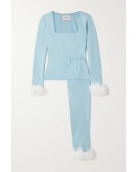 Sleeper The Weekend Chic Feather-trimmed Recycled Jersey Top And Leggings Set - Blue