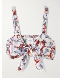 Posse - Luna Cropped Lace-Trimmed Floral-Print Linen Top - Lyst