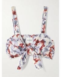 Posse - Luna Cropped Lace-Trimmed Floral-Print Linen Top - Lyst