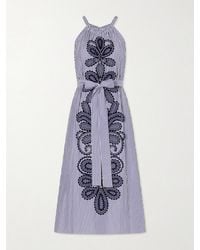 Carolina Herrera - Belted Striped Embroidered Cotton-Poplin Halterneck Midi Dress - Lyst