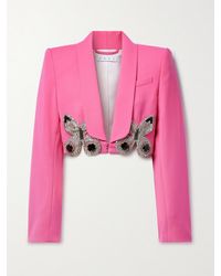 Area - Cropped Crystal-Embellished Wool-Blend Crepe Blazer - Lyst