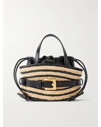 Balmain - Shuffle Mini Buckled Leather-Trimmed Raffia Shoulder Bag - Lyst