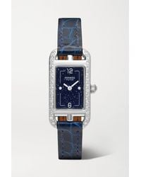 Hermès Nantucket Serti Joaillier 29 Mm Kleine Uhr Aus Edelstahl Mit Diamanten Und Alligatorlederarmband - Blau