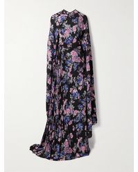 Balenciaga - Cape-Effect Floral-Print Plissé-Crepe Gown - Lyst