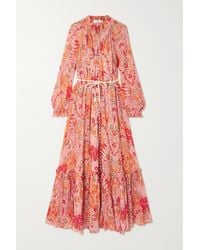 Zimmermann + Net Sustain Pattie Belted Floral-print Cotton And Silk-blend Crepon Maxi Dress - Orange