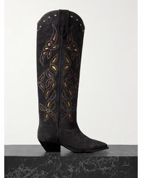 Isabel Marant - Denvee Cutout Embroidered Leather-Trimmed Suede Knee Boots - Lyst