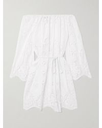Miguelina - Mini-Robe Épaules Nues En Voile De Coton Et En Dentelle À Broderies Et À Ceinture Brigette - Lyst