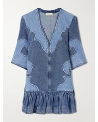 ALÉMAIS - Jesse Ruffled Embroidered Denim Mini Dress - Lyst