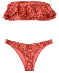 Zimmermann Edie Verzierter Bandeau-bikini Mit Blumenprint Und Rüschen - Rot