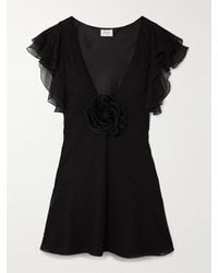 Saint Laurent - Minikleid Aus Voile Aus Einer Baumwollmischung Mit Lochstickerei Und Applikation - Lyst