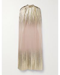‎Dima Ayad - Metallic Plissé-Tulle Gown And Cape Set - Lyst