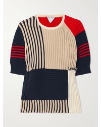Bottega Veneta - Patchwork Ruffled Striped Ribbed Cotton Sweater - Lyst