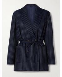 Brunello Cucinelli - Double-Breasted Belted Metallic Pinstriped Cotton-Blend Blazer - Lyst