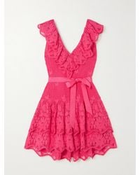 Miguelina - Coco Minikleid Aus Gehäkelter Baumwolle Mit Bindegürtel Und Rüschen - Lyst