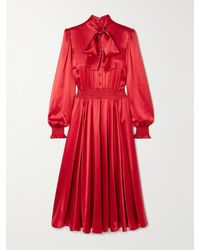 Dolce & Gabbana - Pussy-Bow Smocked Pleated Silk-Satin Midi Dress - Lyst