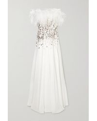 Jenny Packham Pearl Feather-trimmed Embellished Silk-chiffon Gown - White
