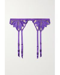 Fleur du Mal Lily Embroidered Satin And Tulle Suspender Belt - Purple