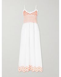 Loretta Caponi - Bianca Ruffled Emrboidered Shirred Cotton-Poplin Midi Dress - Lyst