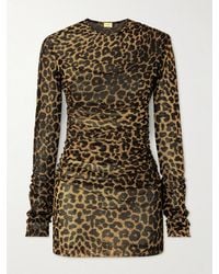 Saint Laurent - Leopard-Print Ruched Mesh Mini Dress - Lyst