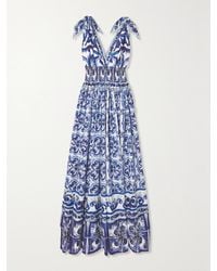 Dolce & Gabbana - Maiolica Open-Back Shirred Printed Cotton-Poplin Maxi Dress - Lyst
