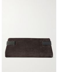 Brunello Cucinelli - Bead-Embellished Leather-Trimmed Suede Clutch - Lyst