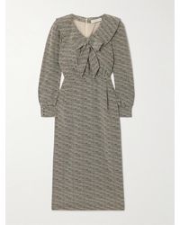 Alessandra Rich - Robe Midi En Mousseline De Soie À Nœud, Fronces Et Imprimé Léopard - Lyst