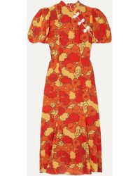 De La Vali Bluebell Appliquéd Floral-print Silk-georgette Midi Dress - Orange
