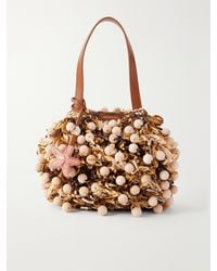 Aquazzura - Pom Pom Leather-Trimmed Beaded Woven Raffia Mini Bag - Lyst