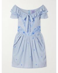 Thierry Colson - Falbala Off-The-Shoulder Bow-Detailed Ruffled Pleated Embroidered Cotton-Voile Mini Dress - Lyst