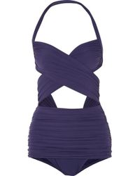 Norma Kamali Xo Bill Mio Neckholder-badeanzug Mit Cut-outs Und Raffungen - Blau